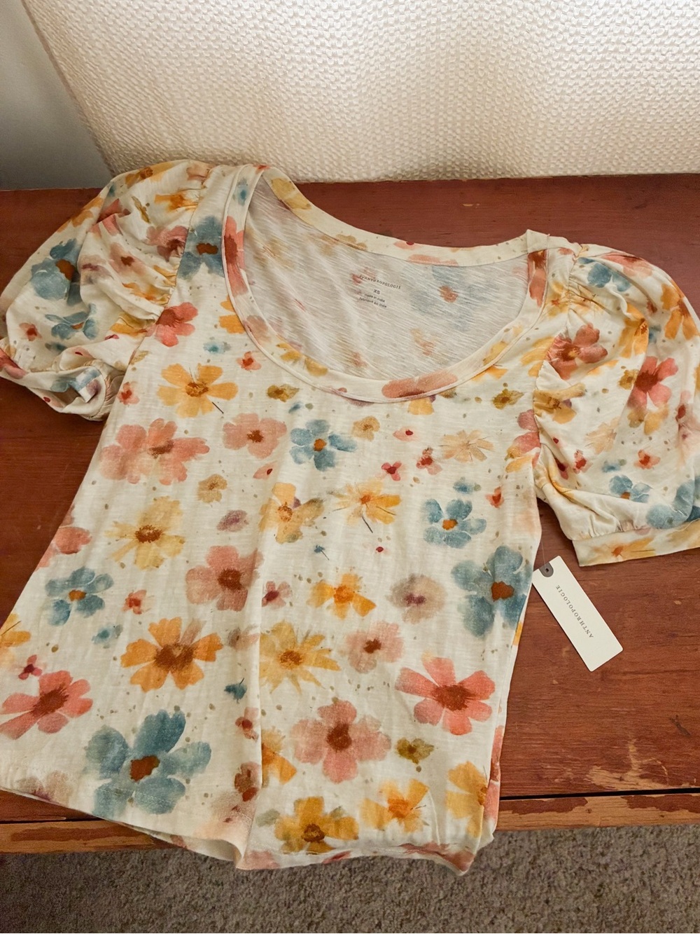 NWT Anthropologie Cream Floral Puff-Sleeve Scoop Neck Top